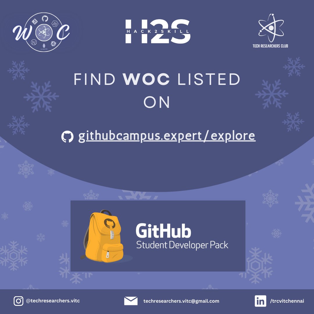 trcvit's tweet image. WOC Listed on GitHub Campus Expert Program 🚀
#winterofcode #woc #trc #github #git #campusexpert #vitchennai #studentdeveloperpack #vit
