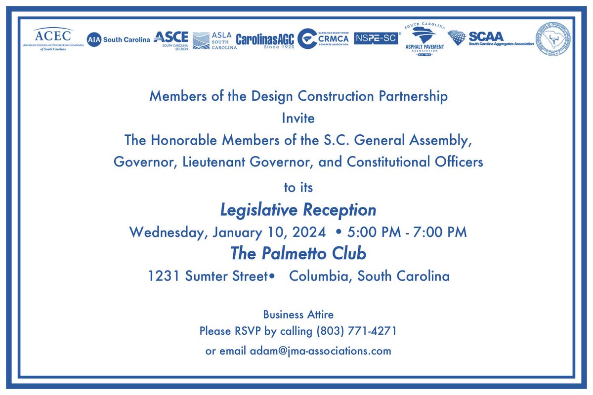 theACECSC's tweet photo. #ACECSC, @AIA_SC, #ASCESC, @ASLA_SC, @CarolinasAGC, @CRMCAConcrete, @SCSPE, @SCAPAtweets, @SCAggregates, @SCSCPLS, @SCHouseGOP, @SCHouseDems, @SCSenateDems @scsenategop, & @SCBlackCaucus join us 1/10/24 at the #DesignConstructionPartnership Legislative Reception. #Infrastructure https://t.co/1mEfbSMjqR