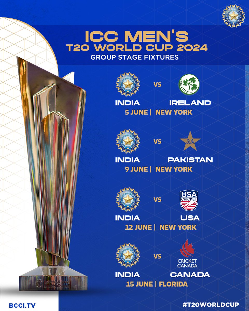 📢 Announced!

Take a look at #TeamIndia's group stage fixtures for the upcoming ICC Men's T20 World Cup 2024 👌👌

India will play all their group matches in the USA 🇺🇸

#T20WorldCup