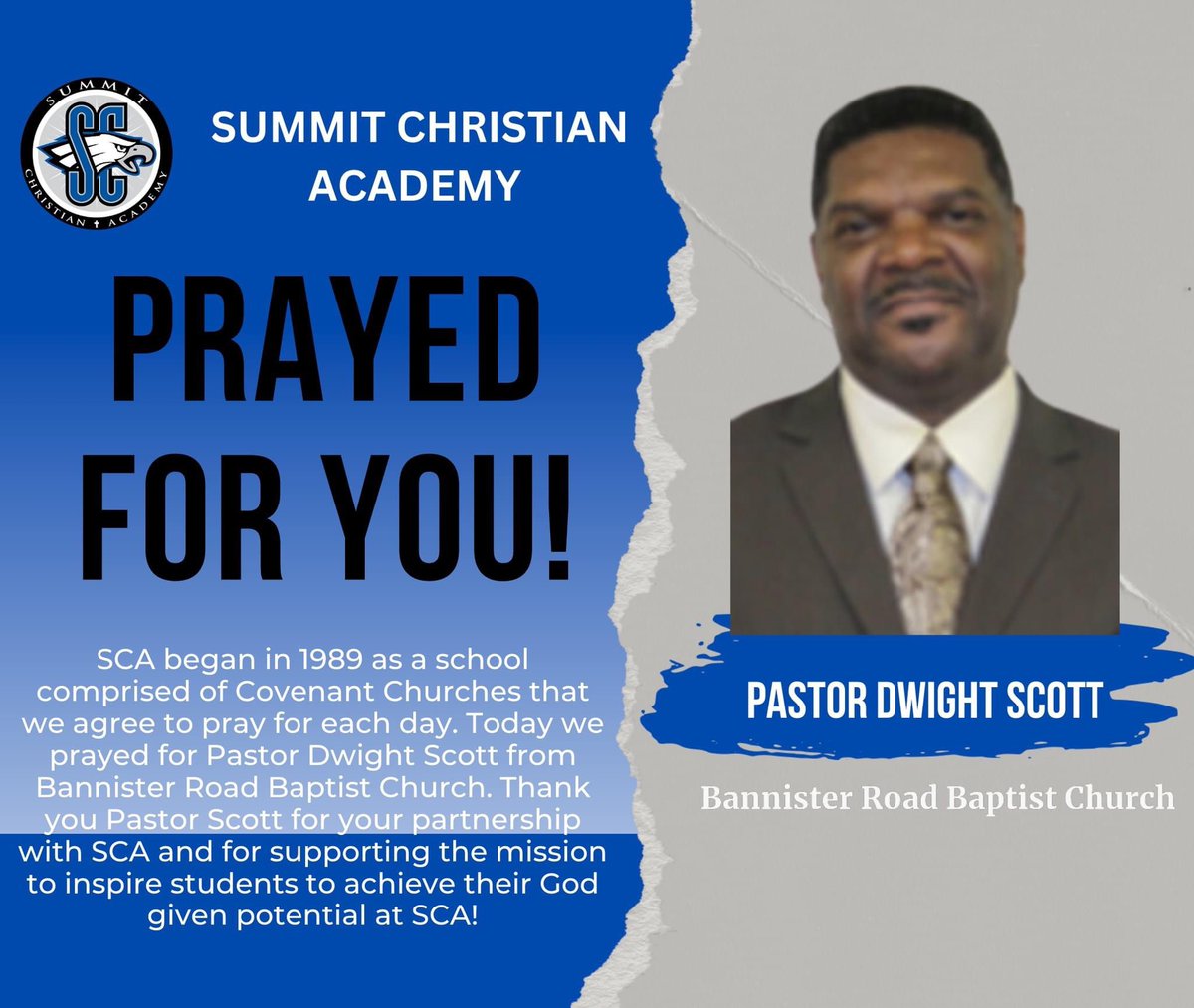 summitacademye1's tweet photo. Today at SCA we prayed for Pastor Dwight Scott from Bannister Road Baptist Church. Thank you Pastor Scott for your partnership with SCA and for supporting the mission to inspire students to achieve their God given potential at SCA! #SCACommunity #SCA2324 #AllIn4HimatSCA https://t.co/Opu78O0NRH