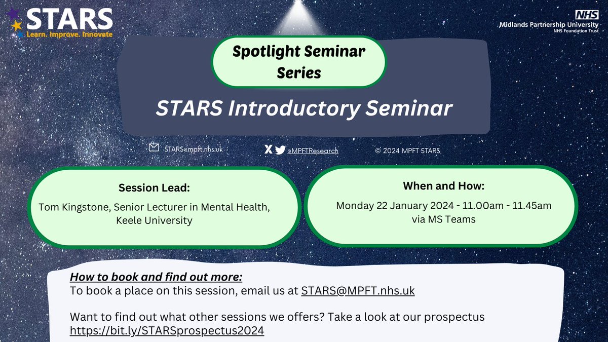 Join us for our Introductory #MPFTSTARS Spotlight Seminar🌟 During the informal session we'll cover what sessions may be appropriate for your #research learning needs & when they'll be! 🗓️22/01/24 11-11:45am 📩To book please email STARS@mpft.nhs.uk #MPFTResearch #ResearchSkills