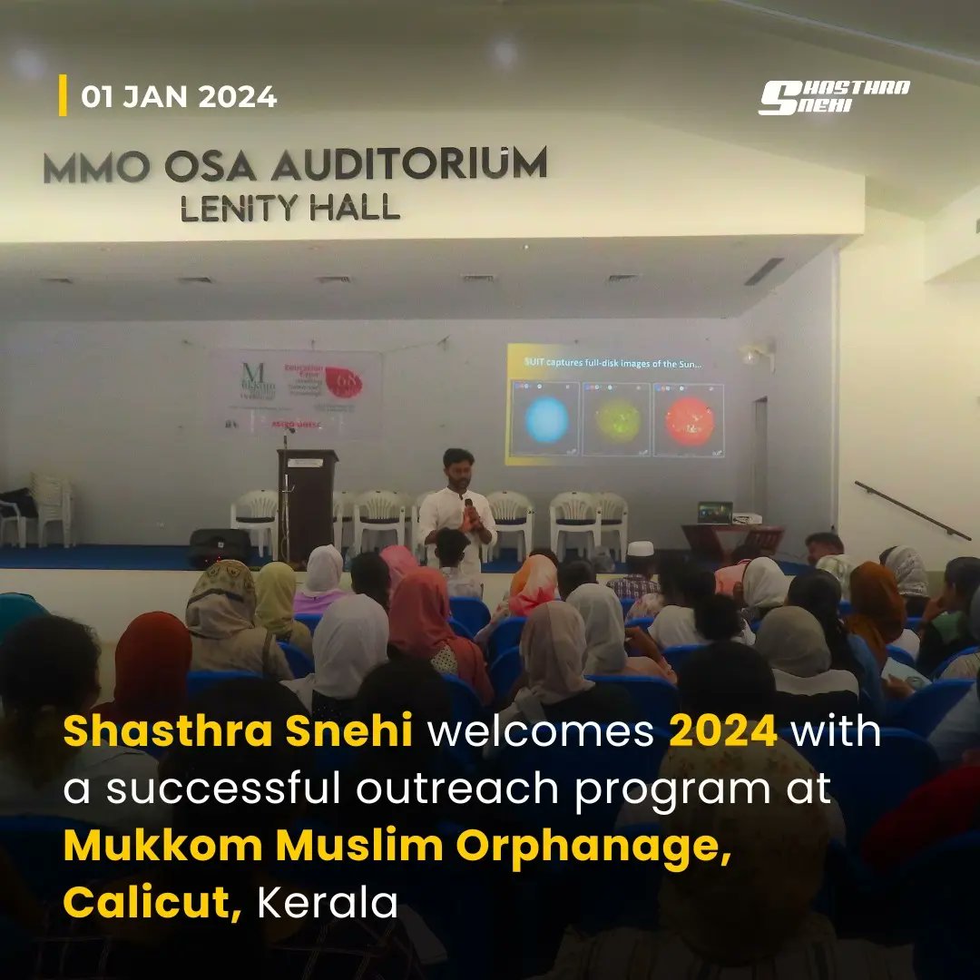 ShasthraSnehi's tweet photo. #ShastraSnehi marked a stellar beginning to the new year by hosting the #AstroQuest event at All Kerala Science and Education Exhibition & Seminar Series at Mukkom Muslim Orphanage Kozhikode, Kerala.
The event commenced with talk sessions focusing on the sun and #solaractivities. https://t.co/8zWNTVf62B