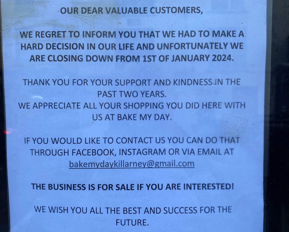 PaulTreyvaud's tweet photo. Unfortunately an all too familiar sight on the high streets around Ireland at the moment and another fabulous business gone here in Killarney. 

This government are still living in the 90’s mentality that ‘we don’t care if a business closes, as some other person will just open up instead of them!’

I’ll fix that for you lads. ‘We just don’t care!’

I’ve been shouting this for the last 12 months if not more. They have crippled us and we can’t all be wrong saying it’s next impossible to trade at the moment as a small self employed business. 

It’s still going to get a hell of a lot worse yet as minimum wage and employers rsi increases are only kicking in now, so expect to see a lot more of these signs in the weeks and months to come. But as I said

They just don’t care