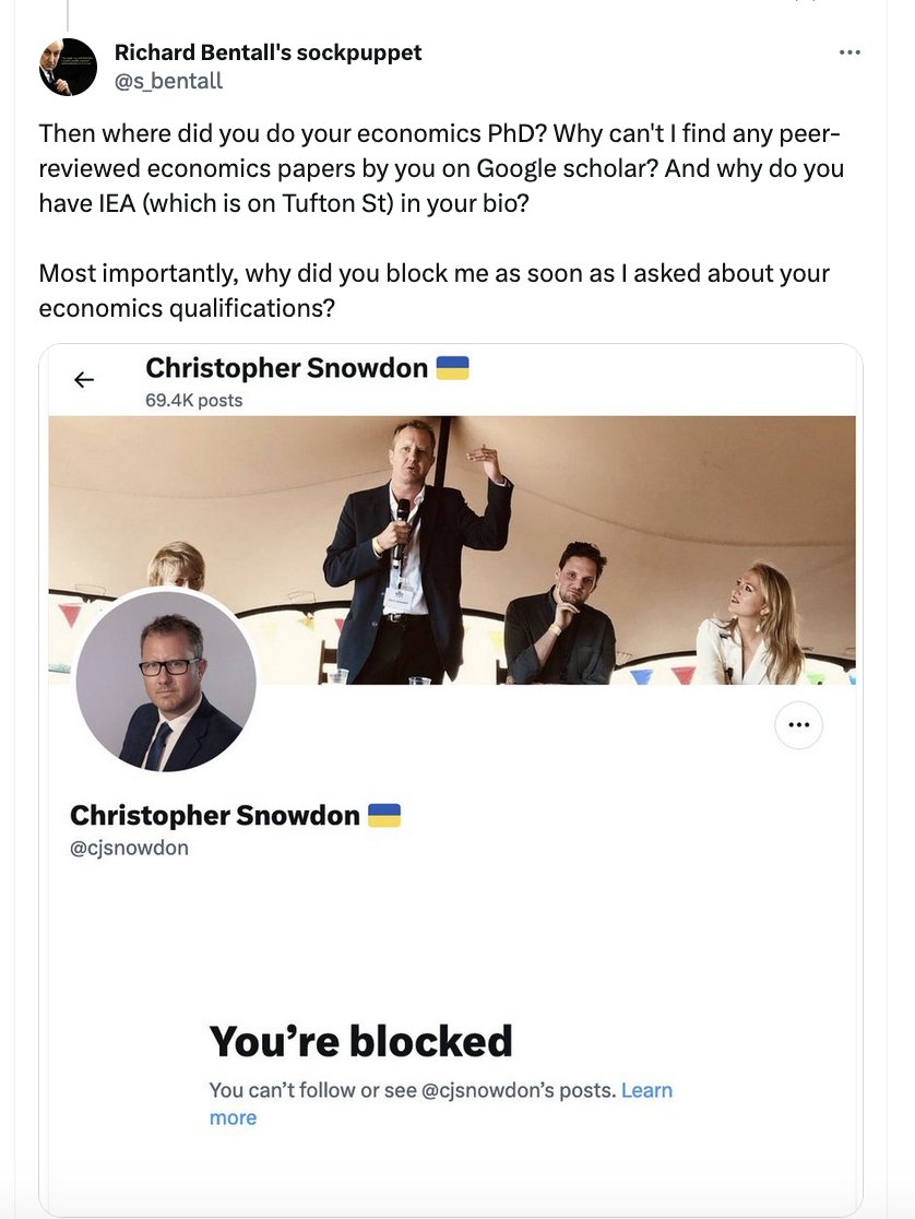 1/4 🧵about fake economists. A strange thing just happened when I responded to the IEA's @cjsnowdon's claim that the NHS was awash with money. His wiki bio says that he did an undergrad degree in Lancs so I asked him to justify his claim to be an economist. Then he blocked me.