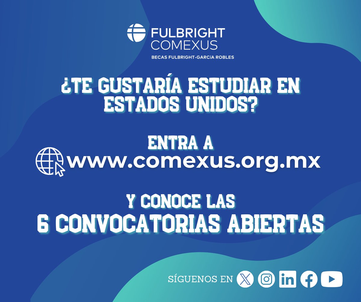 Comexus's tweet photo. ¿Te gustaría estudiar en Estados Unidos?🇺🇲🎓
¡Nosotros te ayudamos!
Entra ahora mismo a 👉 https://t.co/jqXTrwypT8 y conoce las 6 convocatorias que aún están abiertas.
No te pierdas esta gran oportunidad de prepararte de manera internacional 🛫
#COMEXUS #FulbrightGR https://t.co/9xhOwqJimU