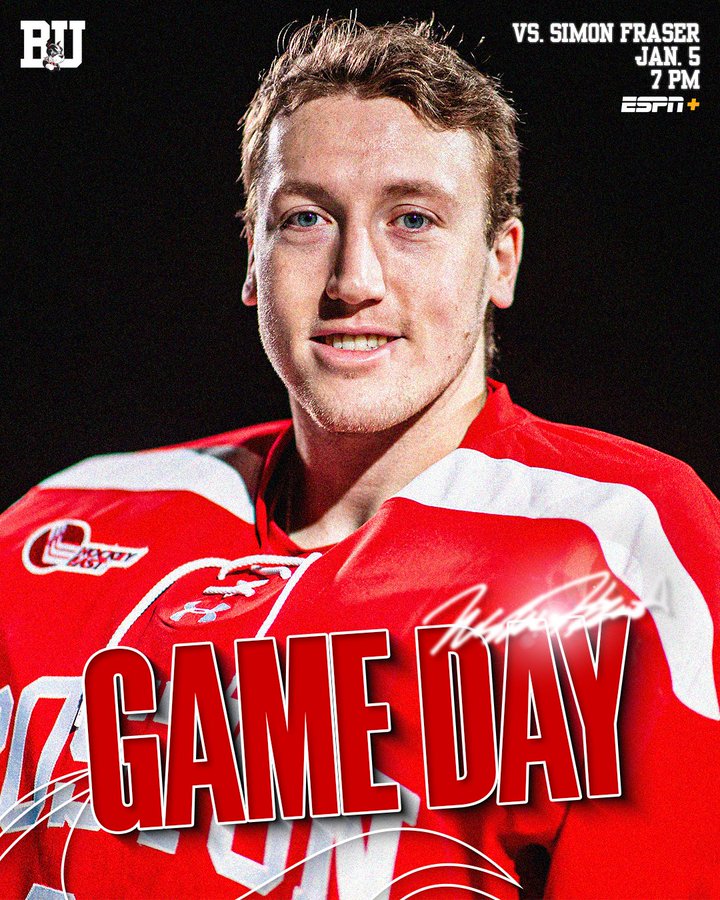 Game day graphic featuring posed photo of Nick Howard. BU vs. Simon Fraser, Jan. 5, 7 PM on ESPN+.