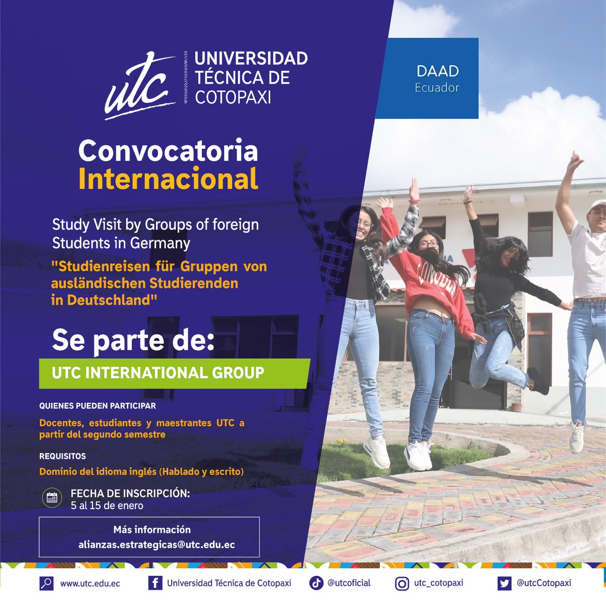 utcCotopaxi's tweet photo. 🌐✈️¡Sé parte de UTC International Group y realiza intercambios científicos y académicos fuera del país! 🌍📚Únete a esta oportunidad única de enriquecer tu experiencia académica, conectarte con estudiantes de todo el mundo y explorar nuevas perspectivas.🚀💼
#SoyUTC #DAADEcuador https://t.co/d1WfkuxSHW