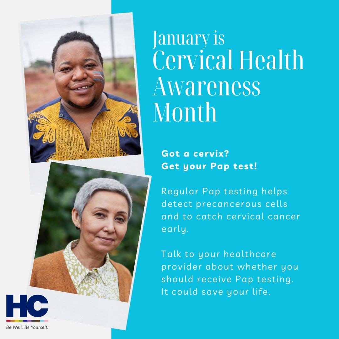 theHCCT's tweet photo. January is Cervical Health Awareness Month.
Got a cervix? Get your Pap test!
Regular Pap testing helps detect precancerous cells and to catch cervical cancer early. Talk to your healthcare provider about whether you should receive Pap testing. It could save your life. https://t.co/iWLrxOH7d7