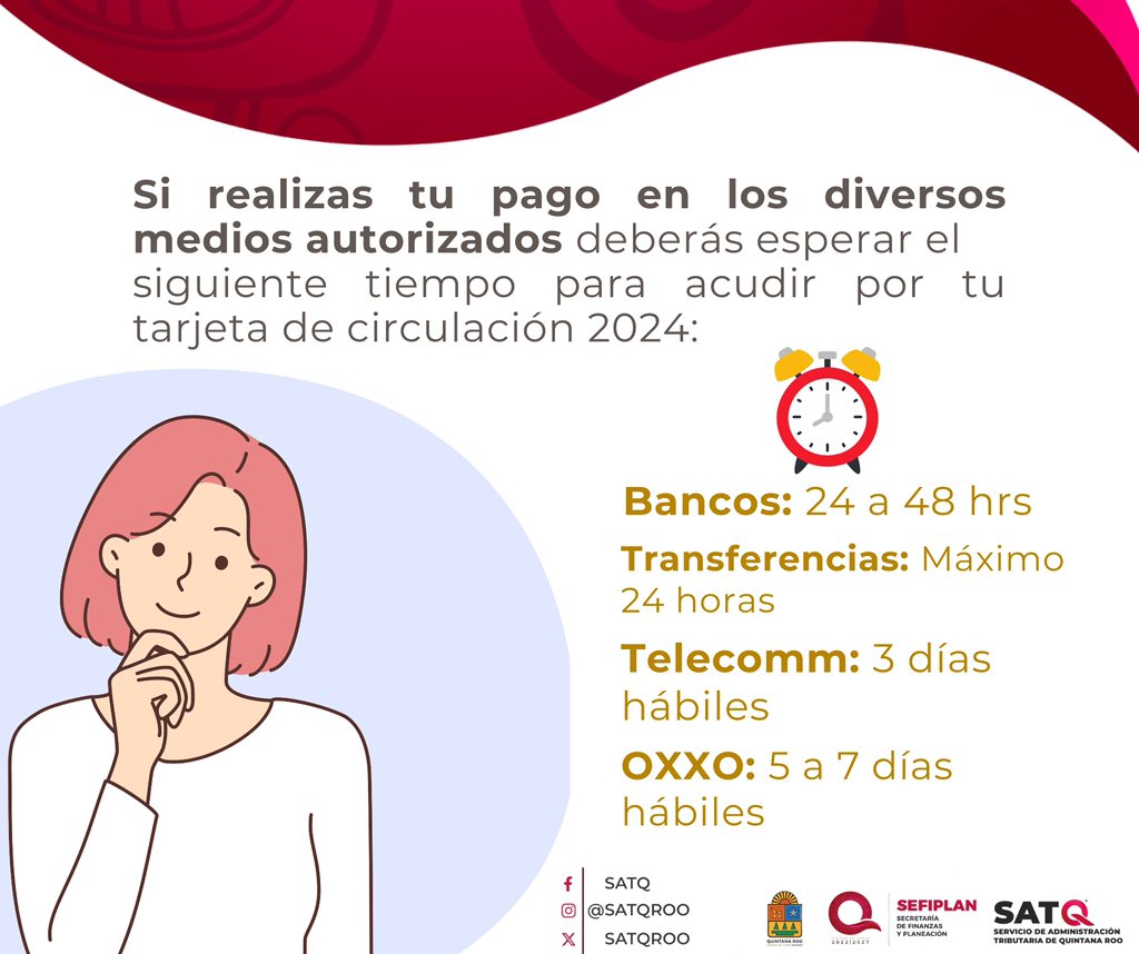 satqroo's tweet photo. Realiza el pago de tu #RefrendoVehicular2024 a través de los siguientes medios autorizados ⬇️. 

Aquí te compartimos los tiempos de espera ⏰ para que puedas acudir a recoger tu #TarjetaDeCirculación2024, una vez realizado el pago.

#UnidosParaTransformar https://t.co/OcoG0kFiiP