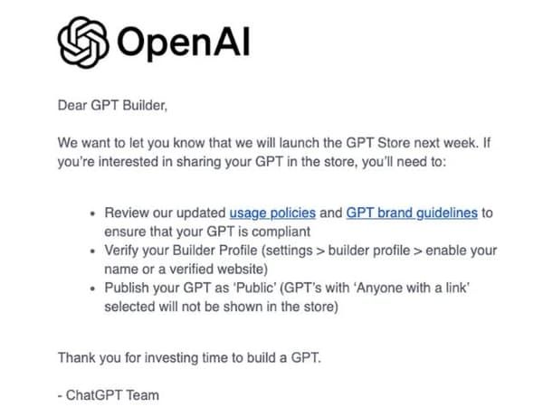 ChanPerco's tweet photo. ChatGPT: OpenAI ouvre une boutique en ligne où chacun peut acheter ou vendre un chatbot personnalisé.

Le magasin en ligne GPT, qui doit permettre aux utilisateurs de partager et de vendre leurs propres chatbots personnalisés, sera lancé "la semaine prochaine", a indiqué OpenAI https://t.co/WGs9KVmqj3