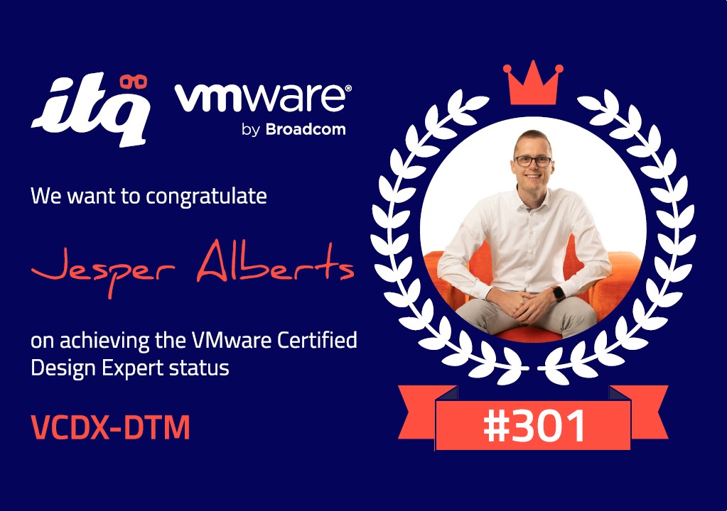 ITQ's tweet image. We would like to congratulate @jesperalberts on achieving the VMware Certified Design Expert status (VCDX-DTM - #301)!
Jesper is our fourth colleague who has been awarded this wonderful status! - itq.eu/vcdx-certifica…
#VMware #VCDX #endusercomputing #euc