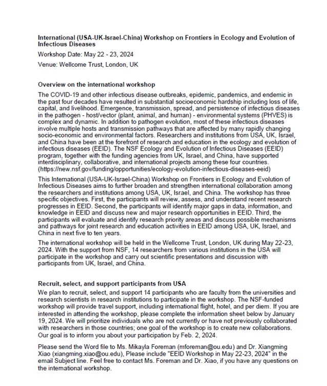 Exciting Ecology and Evolution of Infectious Diseases workshop scheduled in London (May 22-23, 2024) aimed at boosting collaborations across researchers in the U.S., U.K., Israel, and China! See attached. @ESAEcology @ESAdisease @ceid_uga @ciddpsu @CornellCALS @CornellEnto @NSF