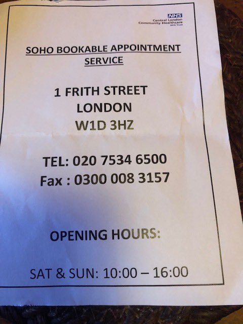 Positive @NHSuk news!✨The #Soho Sq Health centre 1Frith St) operates 2 new clinics🏥 1. Dressings clinic - Mon- Fri, no appt needed- more info Tel: 020 7534 6543 2. The weekend clinic run Snr nurses Sat & Sun 10am to 4pm to book call 020 7534 6500 #Soholondon #health