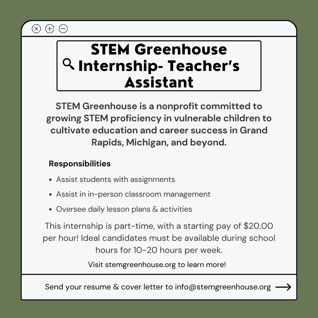 STEM Greenhouse is hiring a Teacher's Assistant Intern! Ideal candidates for this temporary position will be available during school hours. Visit the link in our bio to learn more about STEM Greenhouse. To apply, send your resume &amp; cover letter to info@stemgreenhouse.org!