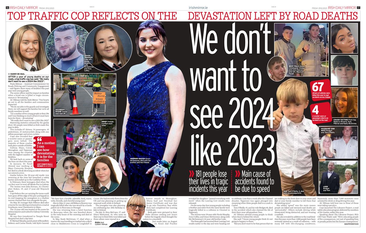 Devastating start to 2024. Five people have already been killed on our roads since the New Year. Assistant Garda Commissioner Paula Hilman told the Irish Mirror that cops don't want to see a 2024 like 2023 in an interview in December. Full piece here: irishmirror.ie/news/irish-new…