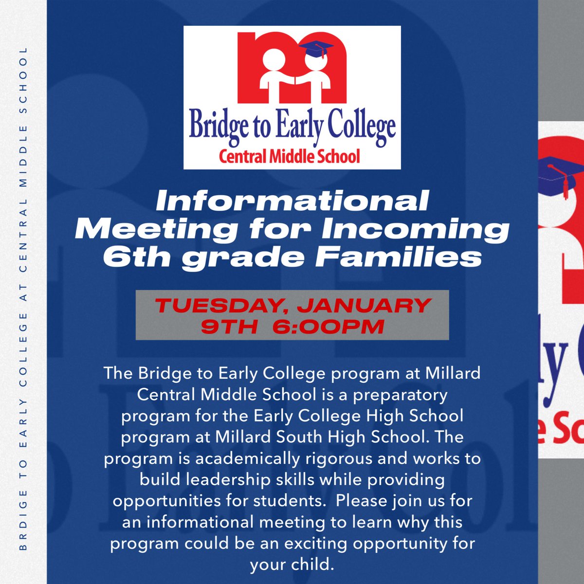 millardcentral's tweet photo. 5th grade Families: please join us on Tuesday, January 9 at 6PM for an informational meeting about Central Middle School’s Bridge to Early College program! @MillardPS @bryanelementary @MPSRockwell @hollingheights @NorrisElem @sandoztigers @DisneyDolphins @hitchcock_mps https://t.co/HtS1eG2Bwe