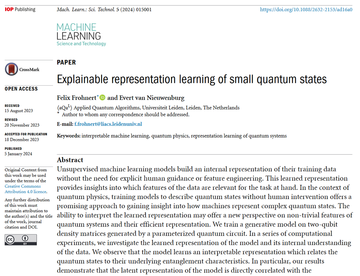 Great new work by Felix Frohnert and @Evert_v_N @LeidenPhysics @LIACS @lorentz_inst @QuantumDeltaNL @UniLeidenNews - 'Explainable representation learning of small #quantum states' - iopscience.iop.org/article/10.108… #machinelearning #AI #neuralnetworks #quantumcomputing #QML #physics