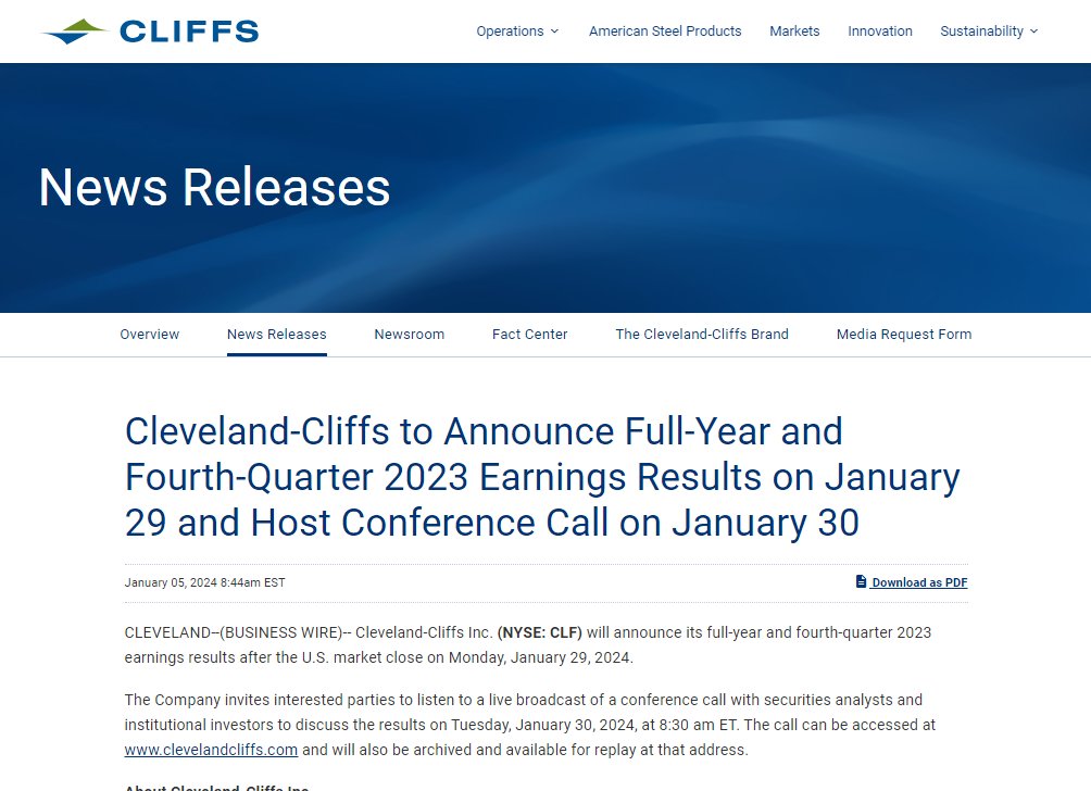 jslamat's tweet image. #ClevelandCliffs to Announce FY and 4Q 2023 #Earnings Results on January 29 and Host #ConferenceCall on January 30 $CLF

Link: clevelandcliffs.com/news/news-rele…