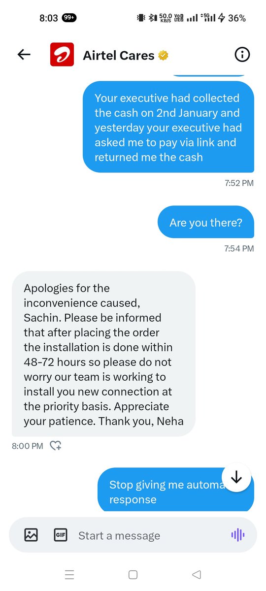 SachinKumarIN's tweet photo. This is the service quality of the most popular @airindia .
Only bot interaction is there who always gives the automated response. 
Never buy any product of Airtel. It's the most worst telecom service provider I have ever seen.
#airtelchorhai #boycottairtel #theft #airtel https://t.co/xR71ZivMpV