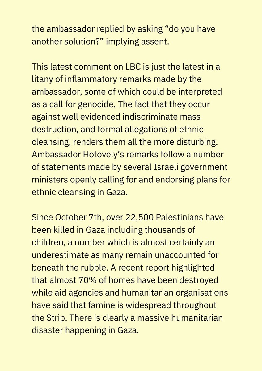 MarshadeCordova's tweet photo. Recent comments made by the Ambassador of Israel on LBC implying genocidal intent are utterly unacceptable.

I wrote to the Foreign Secretary urging him to summon the ambassador &amp; make it clear that the UK denounces any call for ethnic cleansing.

We need an immediate ceasefire. https://t.co/t2FfiXdyDK