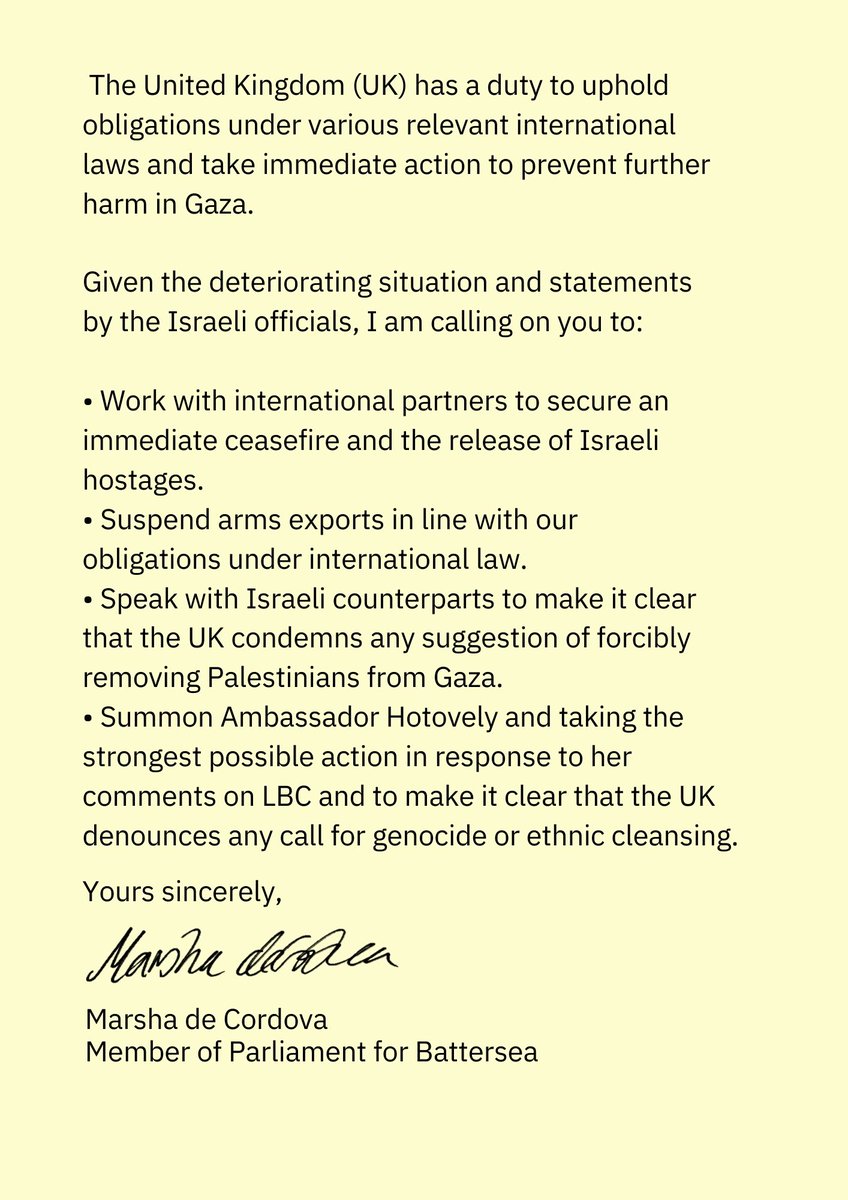 MarshadeCordova's tweet photo. Recent comments made by the Ambassador of Israel on LBC implying genocidal intent are utterly unacceptable.

I wrote to the Foreign Secretary urging him to summon the ambassador &amp; make it clear that the UK denounces any call for ethnic cleansing.

We need an immediate ceasefire. https://t.co/t2FfiXdyDK
