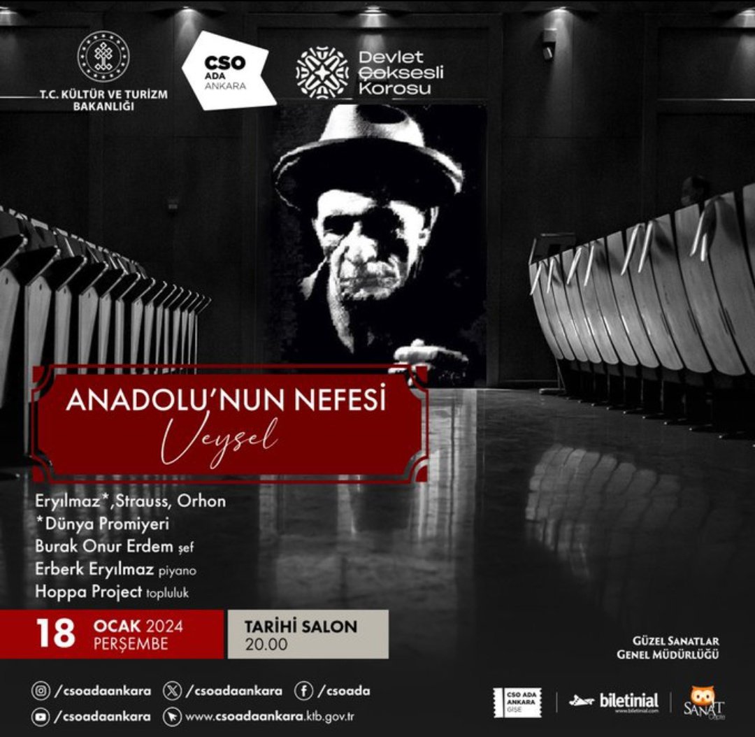 📣Koro

🎶 Anadolu'nun Nefesi-Veysel

Aşık Veysel’in doğa ve insana dair fikirlerinden aldığı ilhamla Devlet Çoksesli Korosu için bestelediği Feryat isimli eserin prömiyeri sanatseverler ile buluşuyor.

📍CSO Ada Ankara
📅18 Ocak 
⏱️20.00

🎟️Biletinial