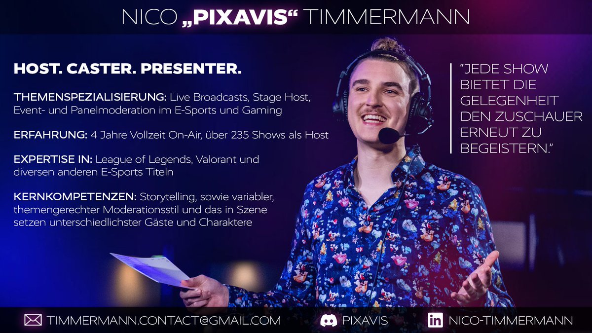 Ich bin für jede Anfrage offen, für jeden Retweet dankbar und bin absolut motiviert die DACH-Szene weiterhin positiv zu beeinflussen!

Mein Portfolio kann ich auf Anfrage zuschicken.