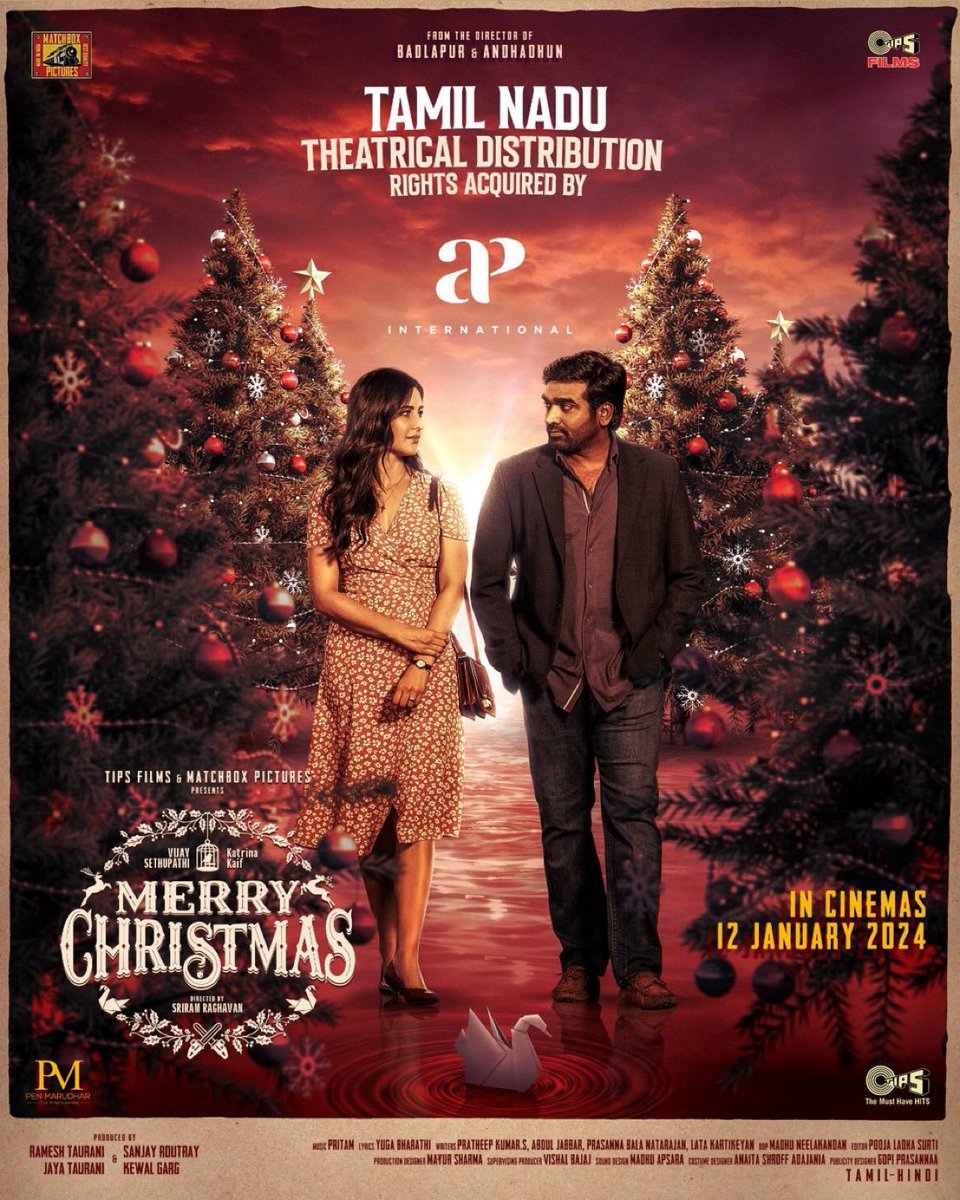 TBSTwizzle's tweet photo. #MerryChristmas Tamil Nadu Theatrical Rights Acquired by AP International ❤️✨️
#VijaySethupathi | #KatrinaKaif | #SanjayKapoor | #VinayPathak | #Pritham | #SriramRaghavan
January 12 2024 Release!! https://t.co/Hfb4f94mqL