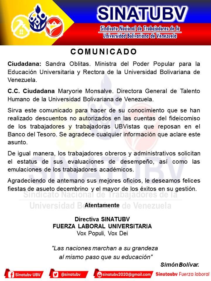 El llamado desde @Sinatubv es a una respuesta inmediata ante esta situación a los trabajadores de la <a href="/unibolivariana/">@Unibolivariana</a> <a href="/mppeduniv/">@MPPEDUNIV</a>  #Venezuela #SalariosDignosYa #Viernes #Enero2024