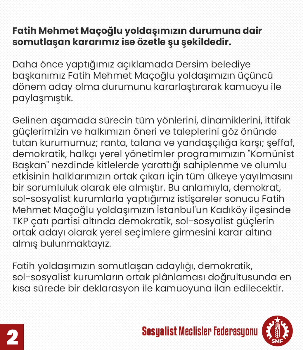 Yerel Seçimler Süreci ve Fatih Mehmet Maçoğlu Yoldaşımızın Durumuna Dair Bilgilendirme

🔽
sosyalistmeclisler.net/yerel-secimler…