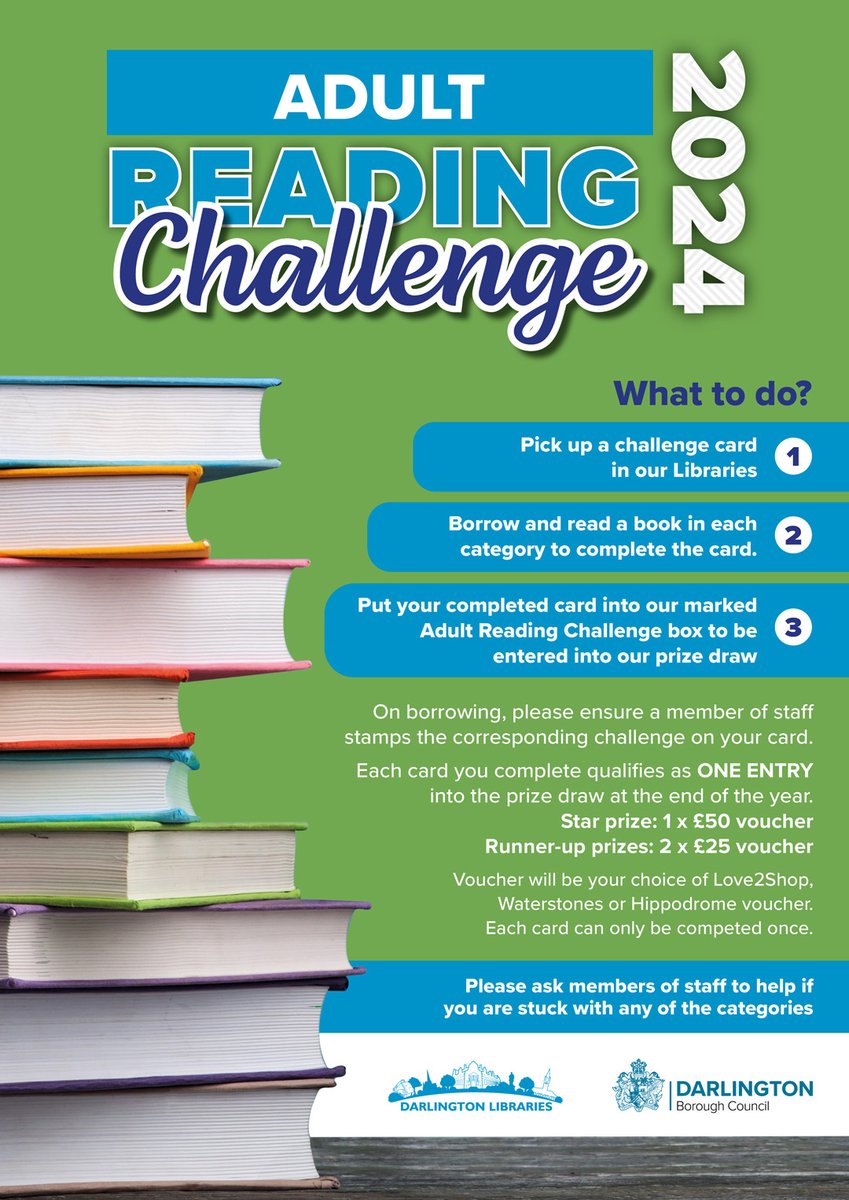 📚 The Darlington Libraries Adult Reading Challenge 2024 has officially kicked off 🎟️ To participate, pick up a challenge card, borrow and read a book in each category, then hand in your completed card to be entered into the prize draw ℹ️ facebook.com/DarlingtonLibr…