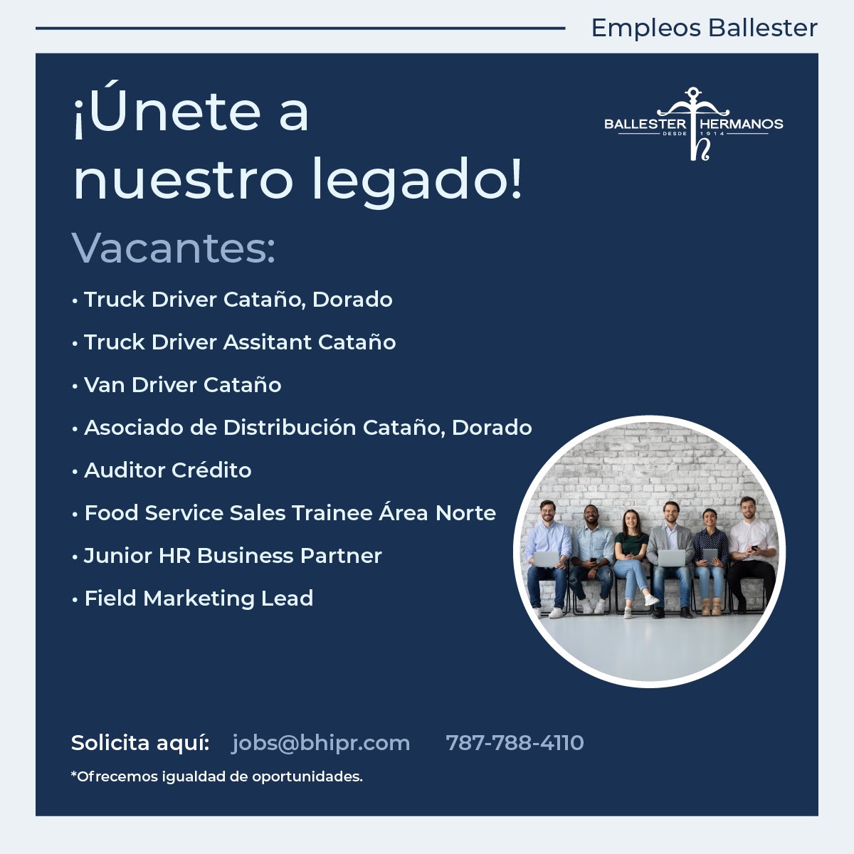 ¡Tenemos trabajo! 🇵🇷 Únete y sé parte del legado de Ballester Hermanos, donde cada día construimos juntos un futuro sólido. Descubre más que un trabajo, encuentra tu lugar en nuestra historia.

#BallesterHermanos #LegadoYFuturo #OrgulloBallester