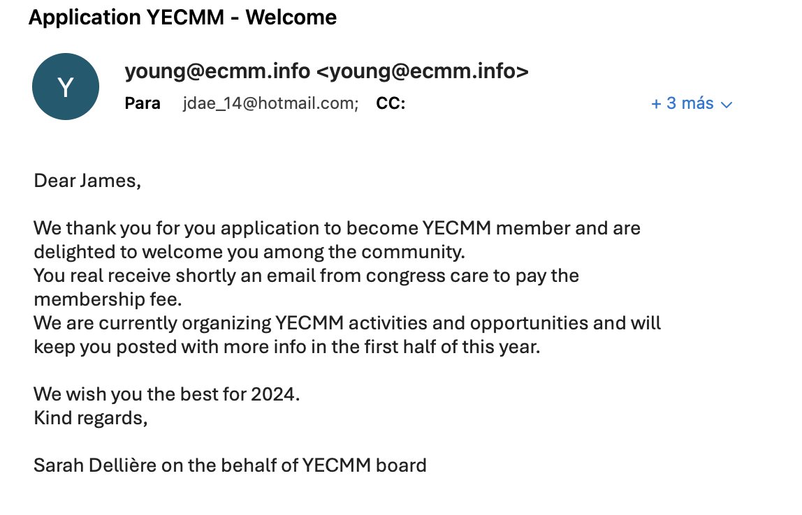 jdae21's tweet photo. We are starting in 2024!
I have been accepted as a "Young ECMM fellow".
And I share with you my joy.
#YECCM #EuropeanConfederationofMedicalMycology
I leave you a link to the site in case you are interested: https://t.co/VDj7OrEGqF https://t.co/9X4R7tWmpW