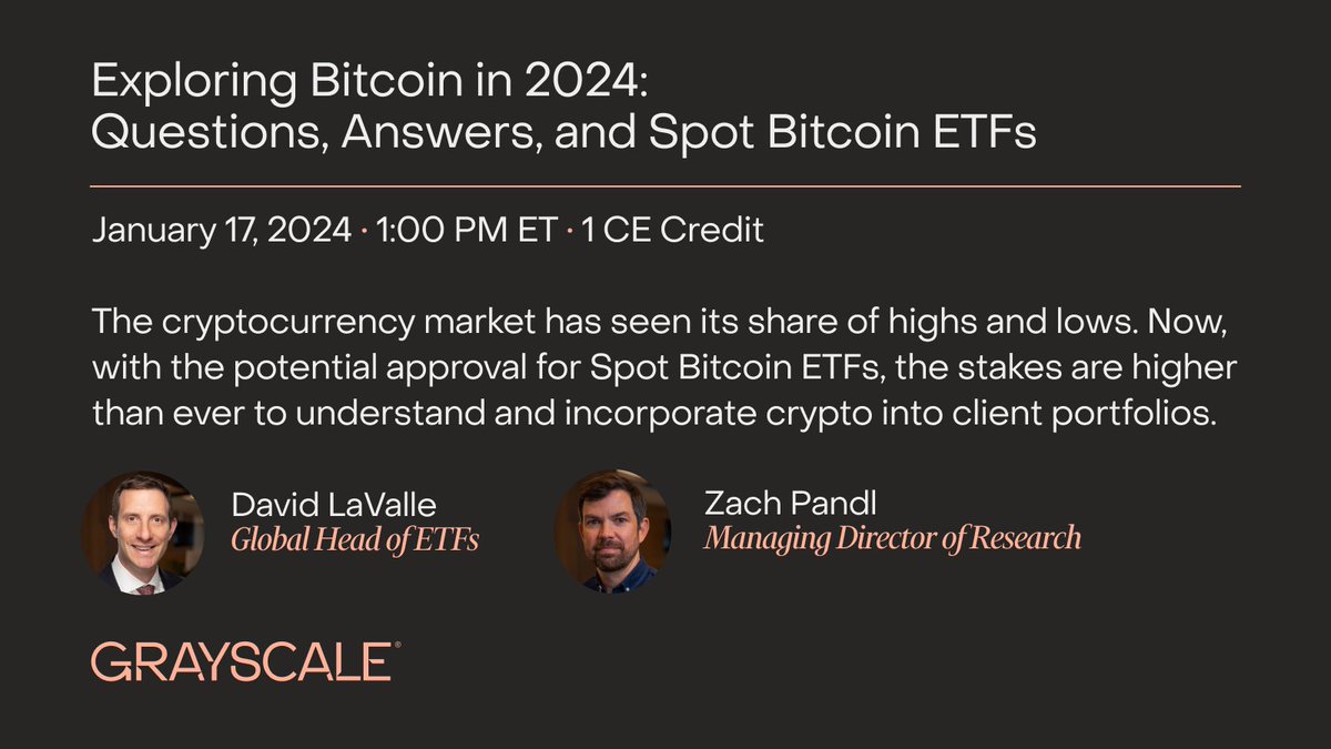 NEW WEBINAR: Our Global Head of ETFs, @dave_lavalle, and Managing Director  of Research, @LowBeta_, joins @Vetta_Fi for a webinar exploring #Bitcoin in  2024. CE Credit is available! Register today: https://t.co/Z5tFzWYvRi