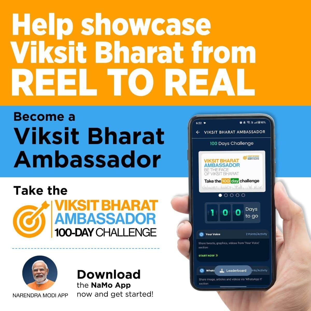 #ViksitBharatAmbassador
Showcase Viksit Bharat from Reel to Real
via NaMo App