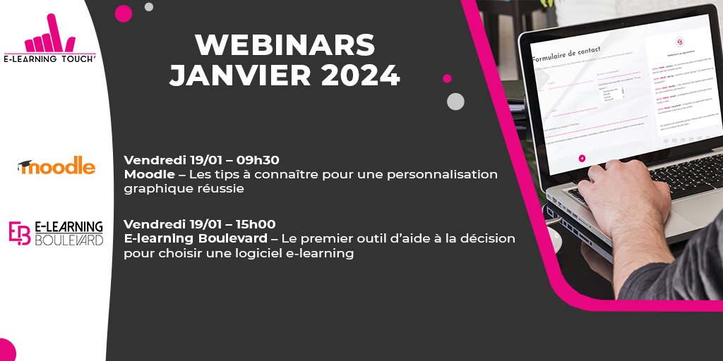 elearningtouch's tweet photo. 🎧 Webinars du mois de janvier 🎧
Nos webinars sont totalement gratuits. N’hésitez pas à nous demander une démo sur la solution de votre choix !
Inscrivez-vous ici ➡️ https://t.co/KPZ9Pdb1Hy
#elearning #digitallearning #lms #rapidlearning #ElearningBoulevard @moodle https://t.co/d7V6d7KRu4