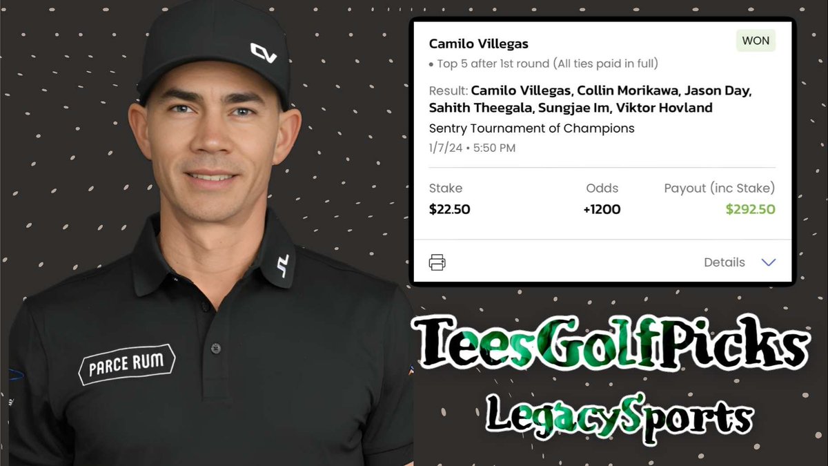 TeesGolfPicks's tweet image. ⛳️The first round sweats are back!

Camillo Villegas first round top 5 +1200 ✅ +5.4u 💰

Hit the link below and use code TEES for 50% off your first month 👇

whop.com/legacy-sports-…

@LegacySportsOnX #SentryTOC