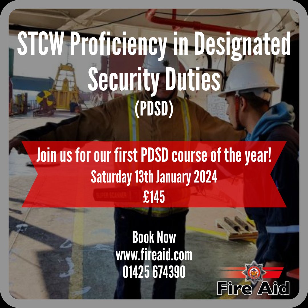This course can be booked as a standalone module or as a bolt-on to our STCW Basic Safety Training course running next week or w/c 15th January.

Please visit fireaid.com for more information about this 1 day course

#PDSD #MaritimeSecurity #MCA #STCWTraining #fireaid