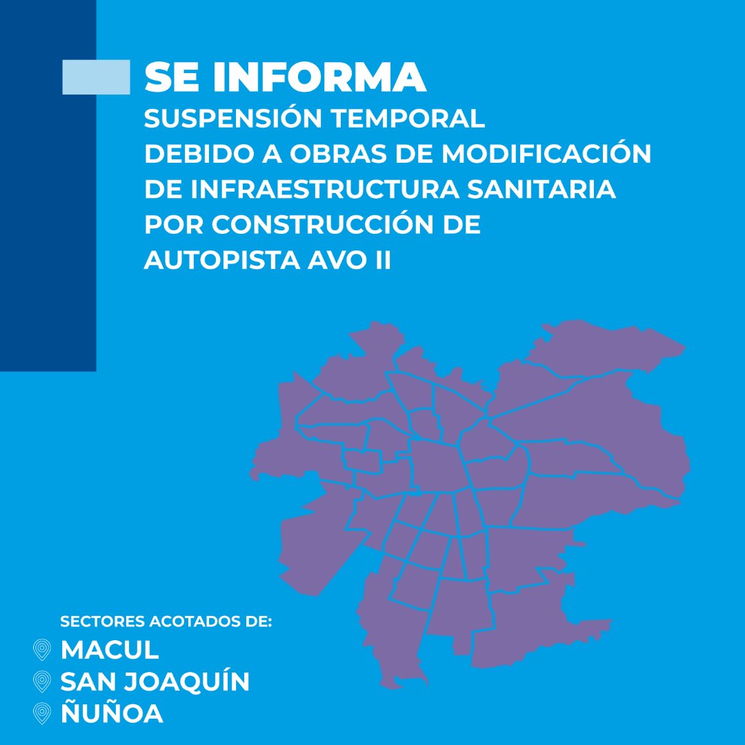 aguas_andinas's tweet photo. Con el objetivo de dar paso a la construcción de la nueva autopista AVO II -infraestructura vial de 5,2 km-, informamos que debemos modificar parte de nuestra red de distribución de agua potable, mediante trabajos que se efectuarán en el sector de Av. Américo Vespucio con Av. El Valle en la comuna de Peñalolén.

Debido a lo anterior, deberemos suspender de manera temporal y programada el suministro de agua potable, desde las 22:00 horas del martes 9 de enero hasta las 06:00 horas del jueves 11 de enero, en sectores acotados de las comunas de Macul, San Joaquín y Ñuñoa. Estos trabajos se realizarán en el horario de menor consumo, buscando impactar en menor medida a la ciudadanía.

Para conocer en detalle el perímetro afectado, ingresa a nuestro sitio web, sección "Trabajos en la Ciudad" de la Oficina Virtual de Aguas (https://t.co/UsDVruehie).

Revisa el comunicado oficial en: https://t.co/Arqo76t4Kv
