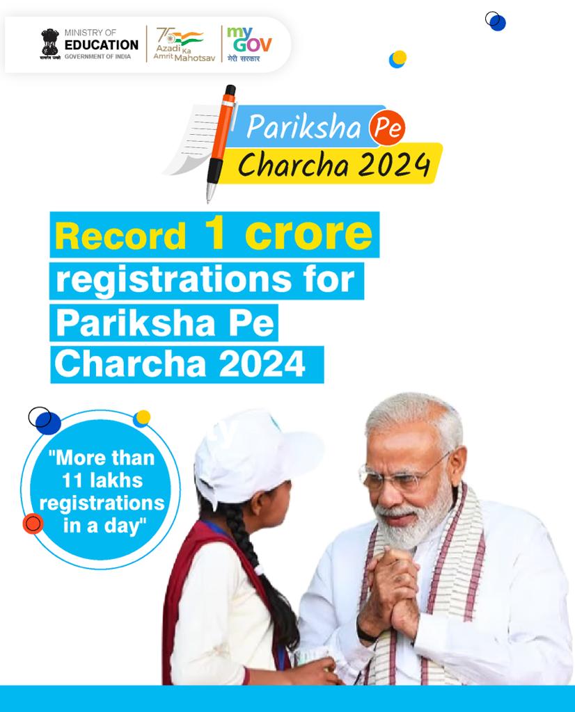 EduMinOfIndia's tweet photo. #ParikshaPeCharcha 2024 witnesses record 1 crore registration, more than 11 Lakh registration done in a day !

Across the nation, students are eager to participate in this distinctive event and interact with the Prime Minister.

This year,  #PPC2024 will be held on 29 January 2024, from 11 am onwards in a town-hall format at Bharat Mandapam, ITPO, Pragati Maidan, New Delhi.

It is time to seize the opportunity of a lifetime and engage directly with our Hon'ble Prime Minister @narendramodi.

To participate in the online MCQ and register, log on to: https://t.co/fHJ1iEpbBE