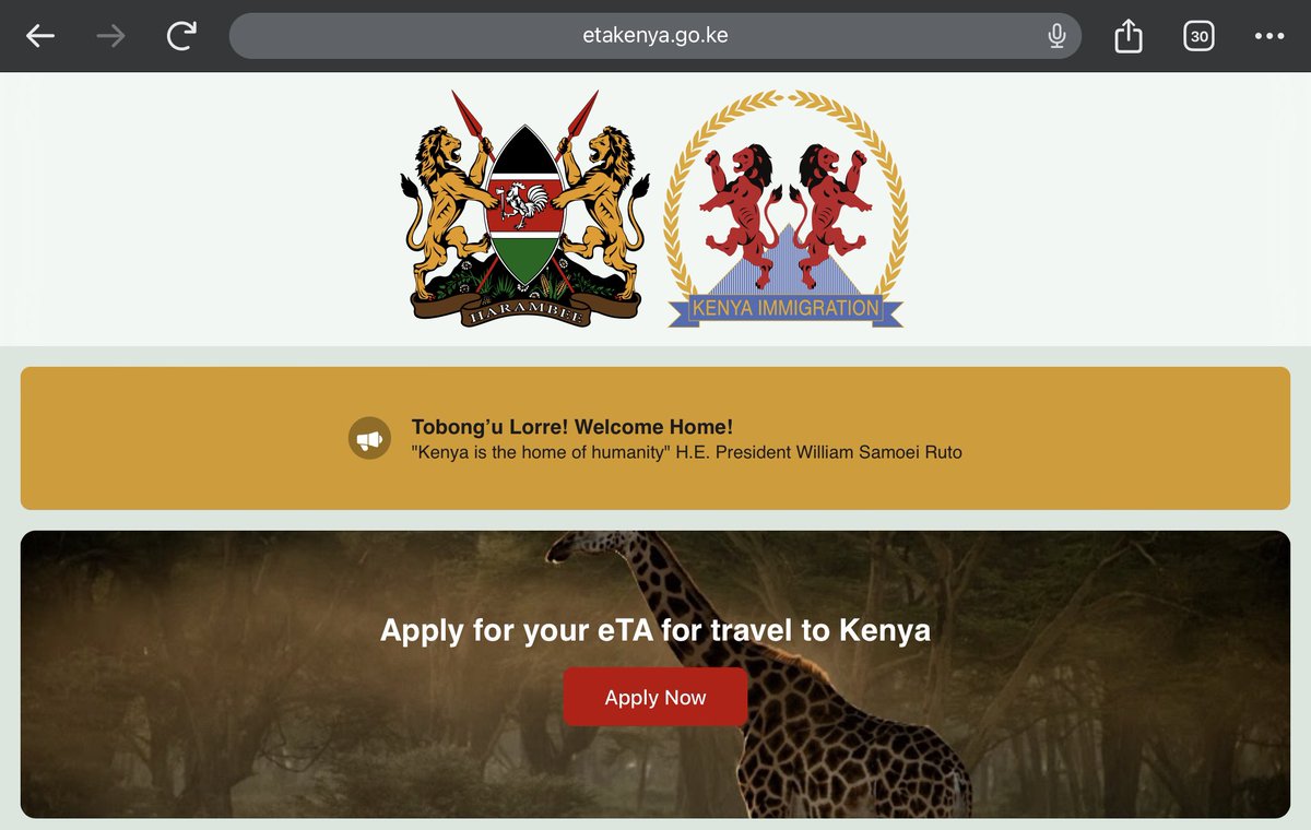 Kenya is now “visa-free” for every human on earth.

But you can’t just get on a flight. You have to apply for Electronic Travel Authorization, pay $30 and wait up to 3 days for approval. 

So, a visa?