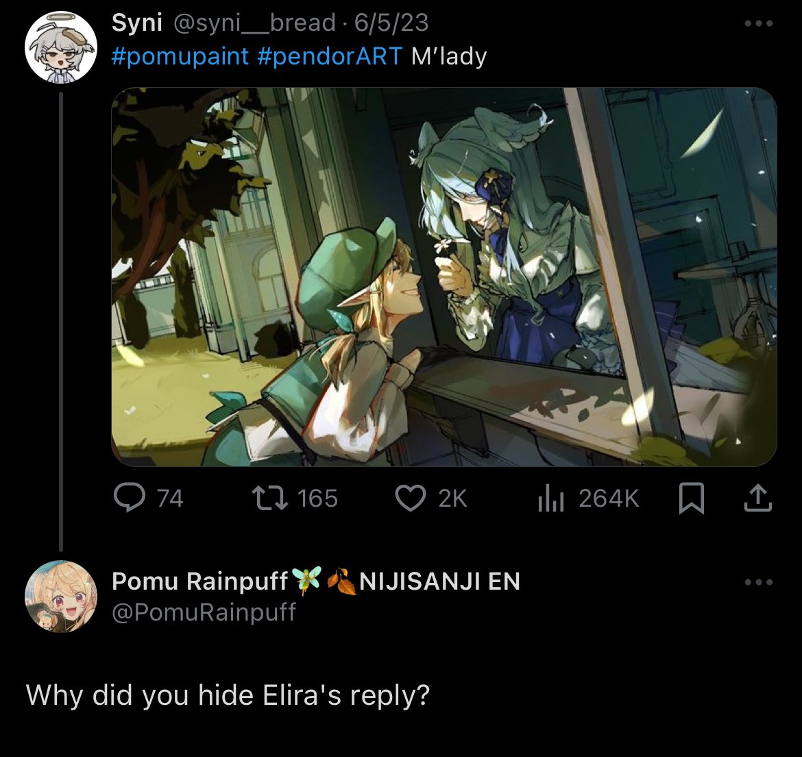 ryorrhi's tweet photo. one pomu moment i personally wont forget: when she called out an art thief for hiding elira’s reply after she called them out for stealing art and reposting it :3 that was a great day for real artists and seeing that put me in a very good mood https://t.co/kvNDpF7dPr