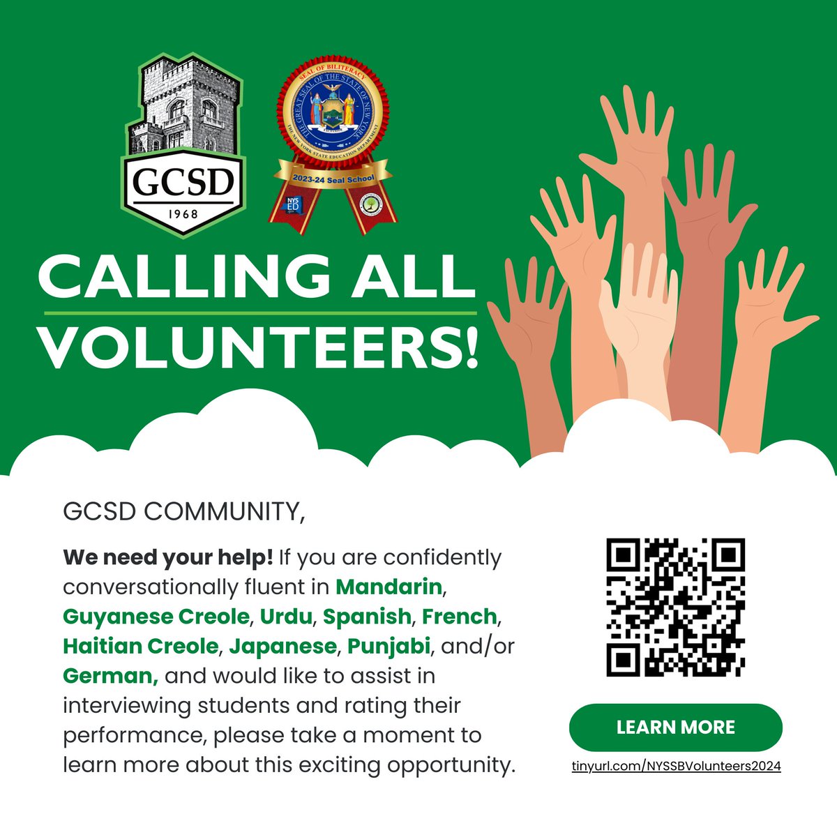 GCSD Community,

If you are fluent in Mandarin, Guyanese Creole, Urdu, Spanish, French, Haitian Creole, Japanese Punjabi, and/or German, we need your help!

GCSD is offering Seniors the opportunity to earn the NYSSB!

For more info:
tinyurl.com/2024NYSSBVolun…