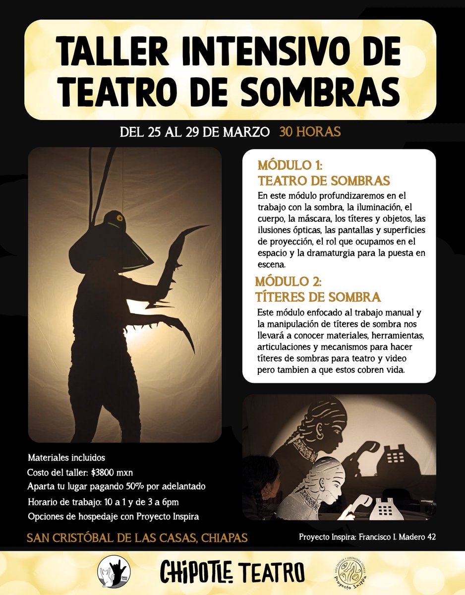 Estamos  muy contentas de anunciar que este año realizaremos nuevamente nuestro  taller intensivo de teatro de sombras en semana santa!! Un taller  profesional de 30 horas de duración que tendrá lugar en San Cristóbal de las Casas.
#teatrodesombras #taller