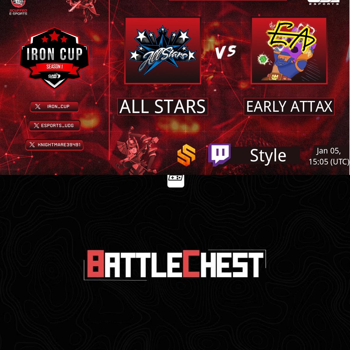 🟣 LIVEEEEEEEEE!

Los dos equipos más fuertes de Japón jugando con sus nuevos rosters! 😍

🏆 Battle Chest | Iron Cup

✅ Early Attax 🆚 All Stars
✅ Early Attax 🆚 All Stars
✅ NAVI 🆚 FTB Esports

TODO el MUNDO para DENTRO! OBLIGADO! 😱

📺 twitch.tv/style_coc