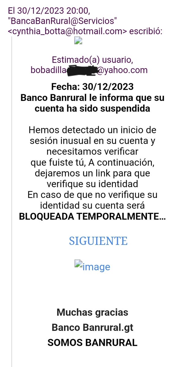 Me llegó este correo electrónico, sin duda, de los delincuentes que andan hackeando cuentas bancarias. Ahí pueden ver el correo del que se envió, tomen sus precauciones. Ojo  @banruralgt, @PNCdeGuatemala, @MPguatemala.