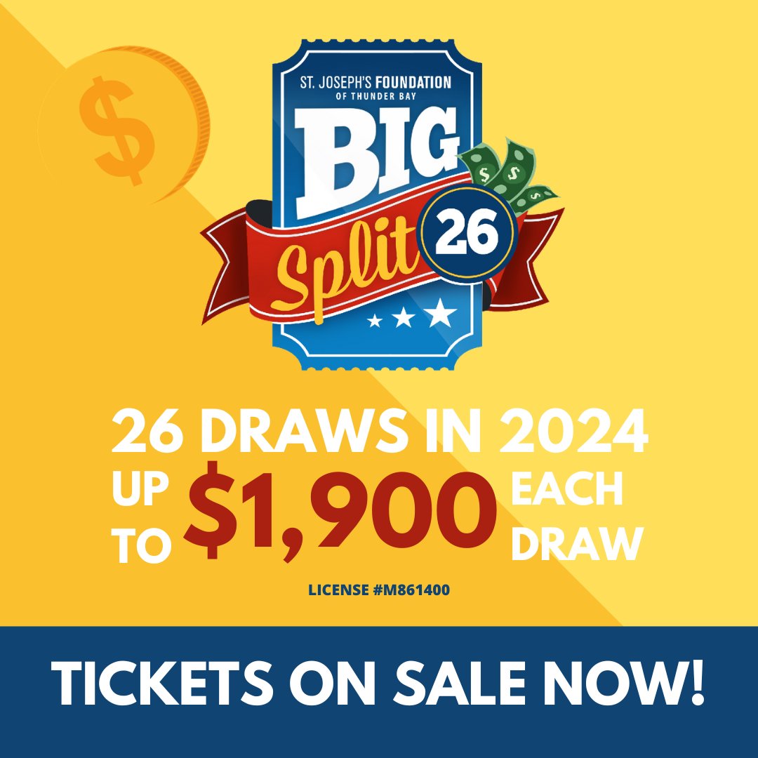 SJFTB's tweet photo. Get your tickets for BIG SPLIT 26! Imagine winning $1,900 multiple times!?  There are only 1,900 total, so those are some great chances! $52 each - call 807-768-4440 or buy online at https://t.co/SfgJx6pVZJ https://t.co/fH2GI2AunY