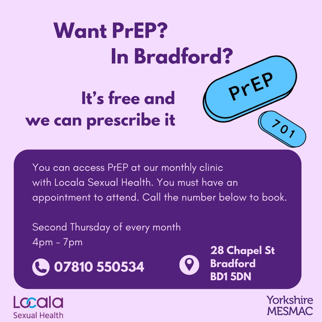MesmacB's tweet photo. We can prescribe PrEP in Bradford at our joint clinic with @locala_safesex 

PrEP is a medication you can take before sex to prevent HIV infection. 

Call Jonathan to book your appointment 📞 07810550534

#PrEP #PrEPawarenessweek #Bradford #sexualhealth #hiv #hivprevention https://t.co/6pNv1YwzRk