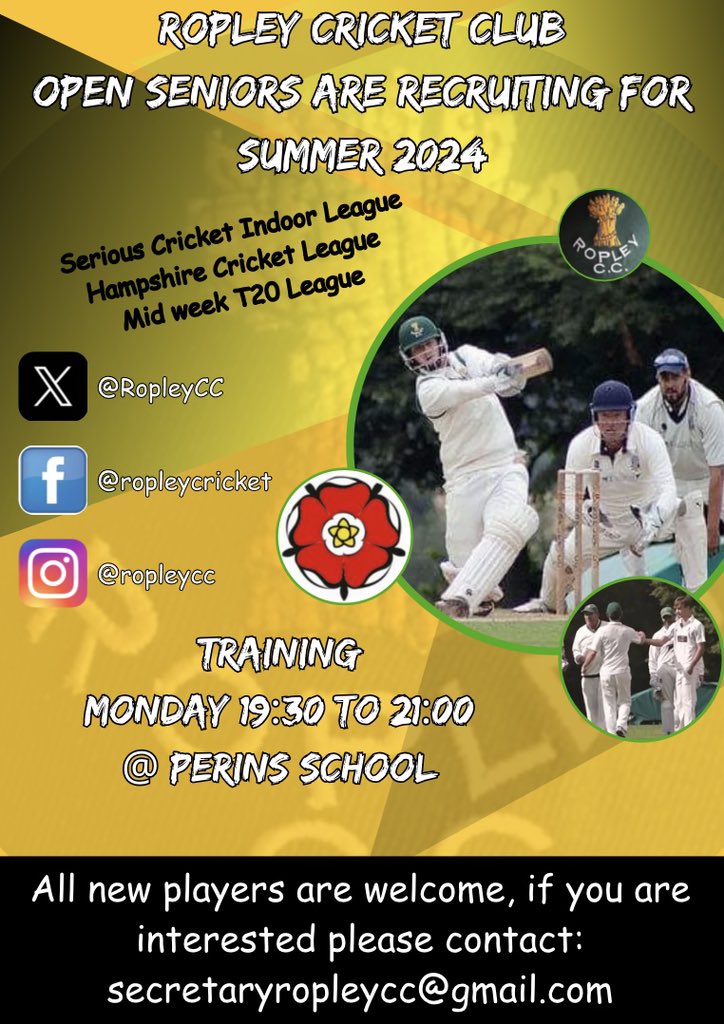Ropley Cricket Club Open Seniors start their training on Mon 29 Jan, 1930 to 2100, at Perins Sports Hall,  Alresford. #ropleyccfamily