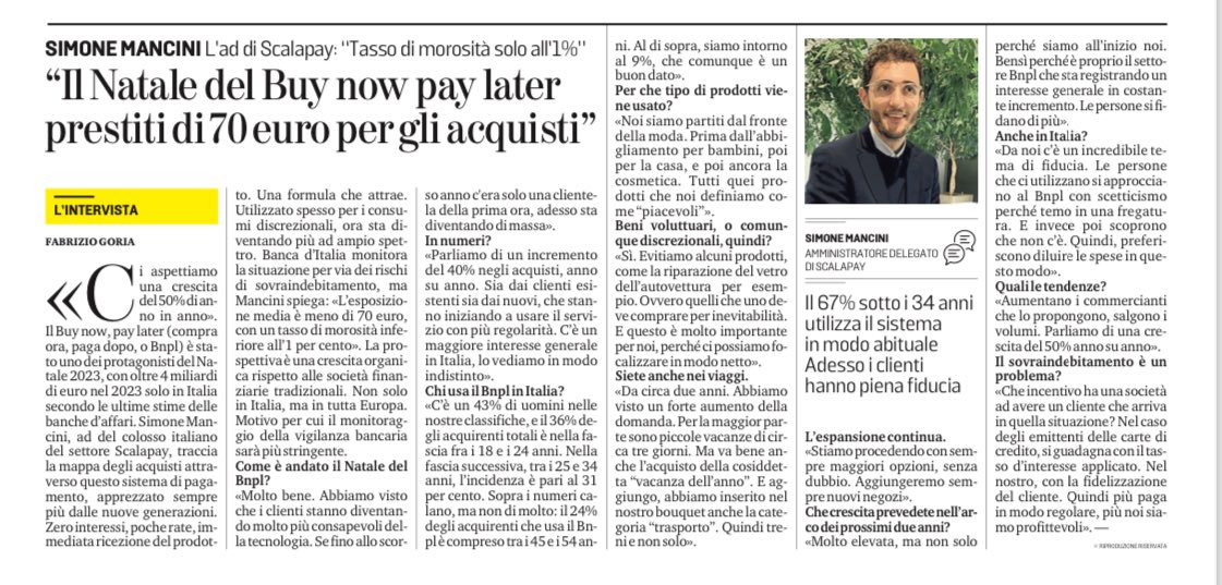Utopia_lab's tweet photo. Il CEO di #Scalapay, Simone Mancini, prevede una crescita annua del 50%. Il mercato #BNPL, stimato a 4 miliardi di € nel 2023, vede il 57% di donne e il 36% di giovani, con una predilezione per moda e articoli per la casa.
Scopri di più nell’intervista su @LaStampa ⬇️ https://t.co/aeVzbGMdB9